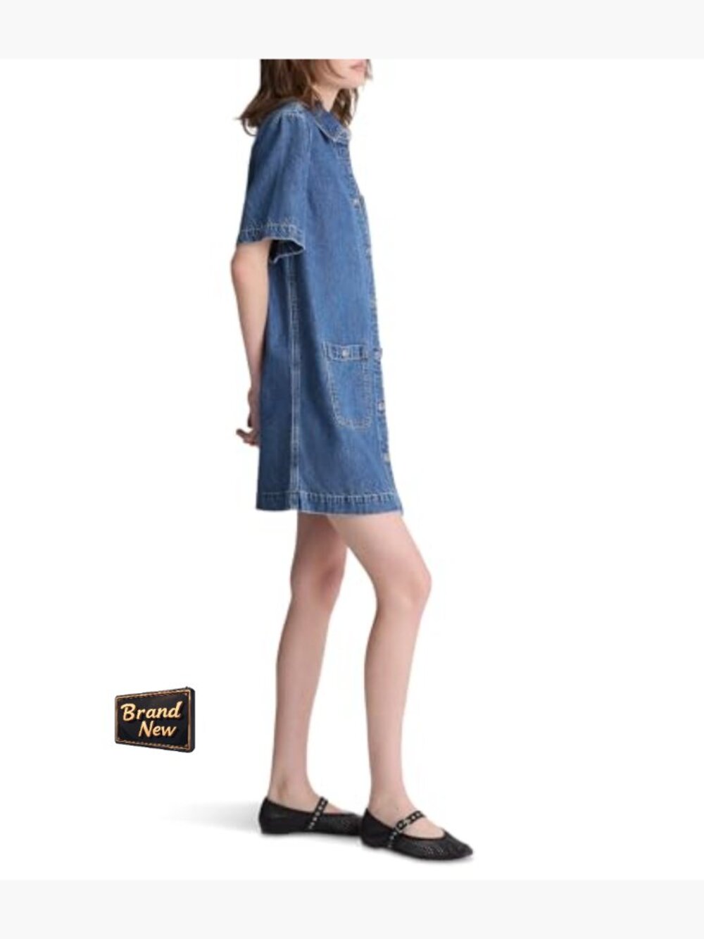 Short sleeve button front mini denim shirt dress with patch pockets - Picture 3 of 5